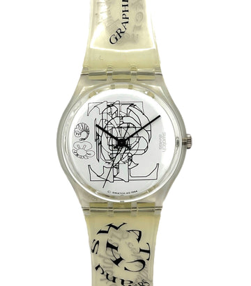 Watch with a transparent strap featuring graphic designs on a white background