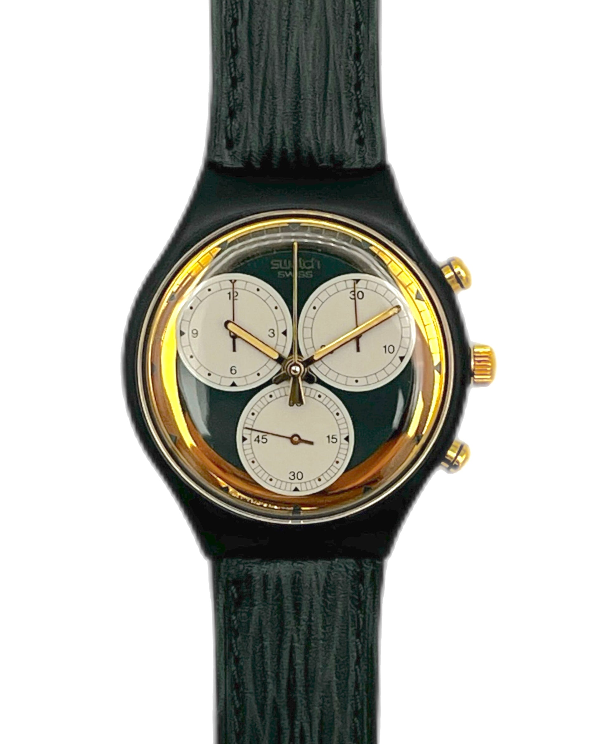 Wristwatch with black strap and gold accents on a white background