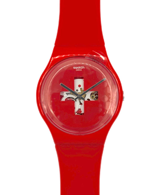 Red Swatch watch with a clear face on a white background