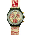 Watch with red and gold design on a white background