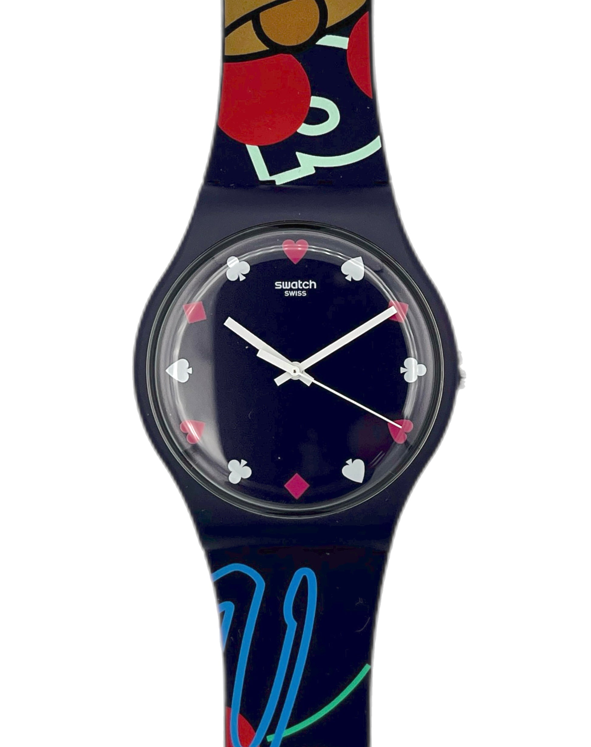 Swatch watch with colorful design on a white background