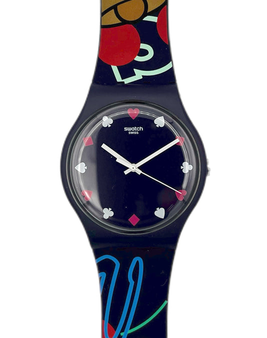 Swatch watch with colorful design on a white background