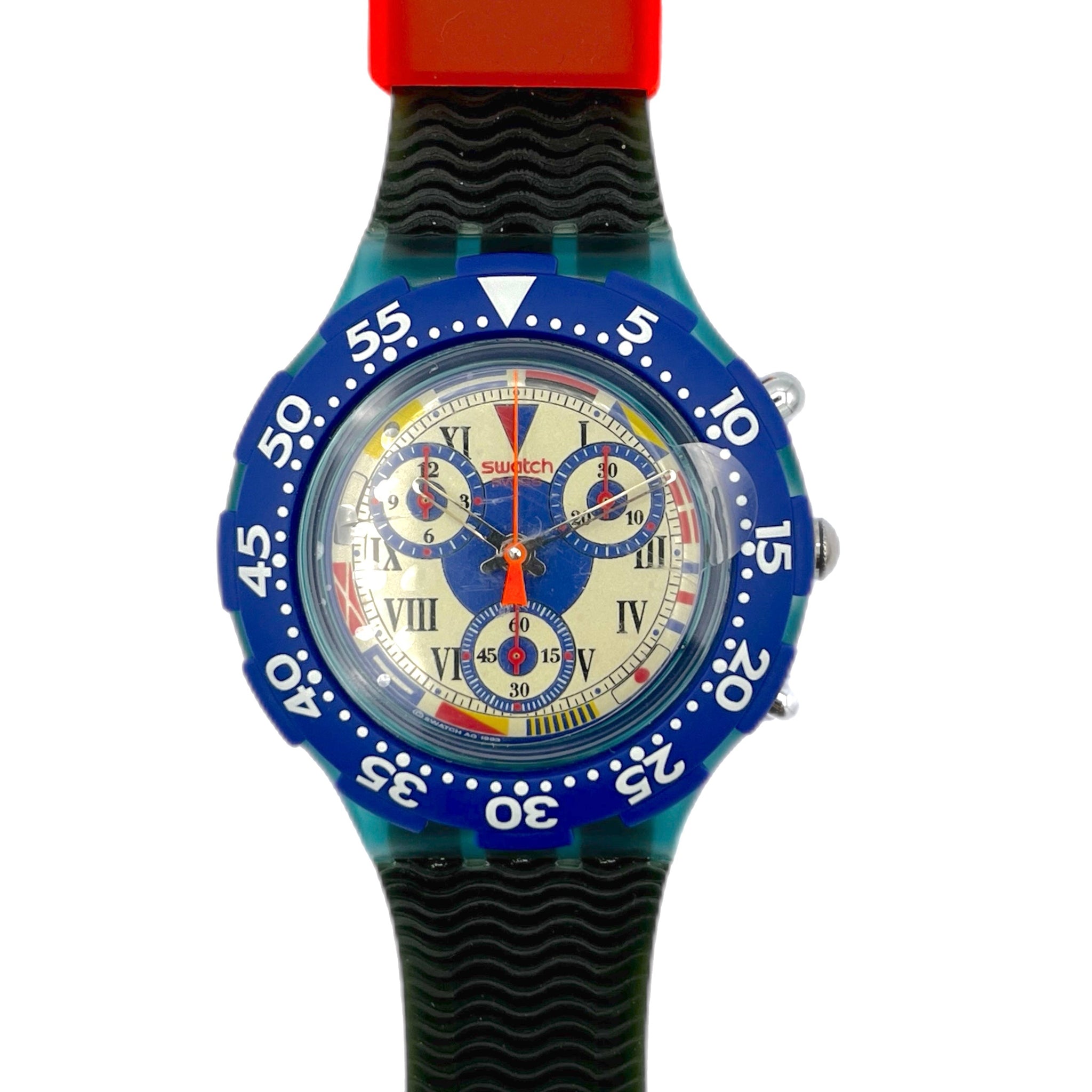 Colorful watch with a multicolored strap on a white background