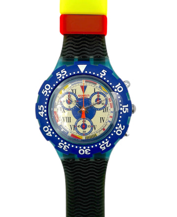 Colorful watch with a multicolored strap on a white background