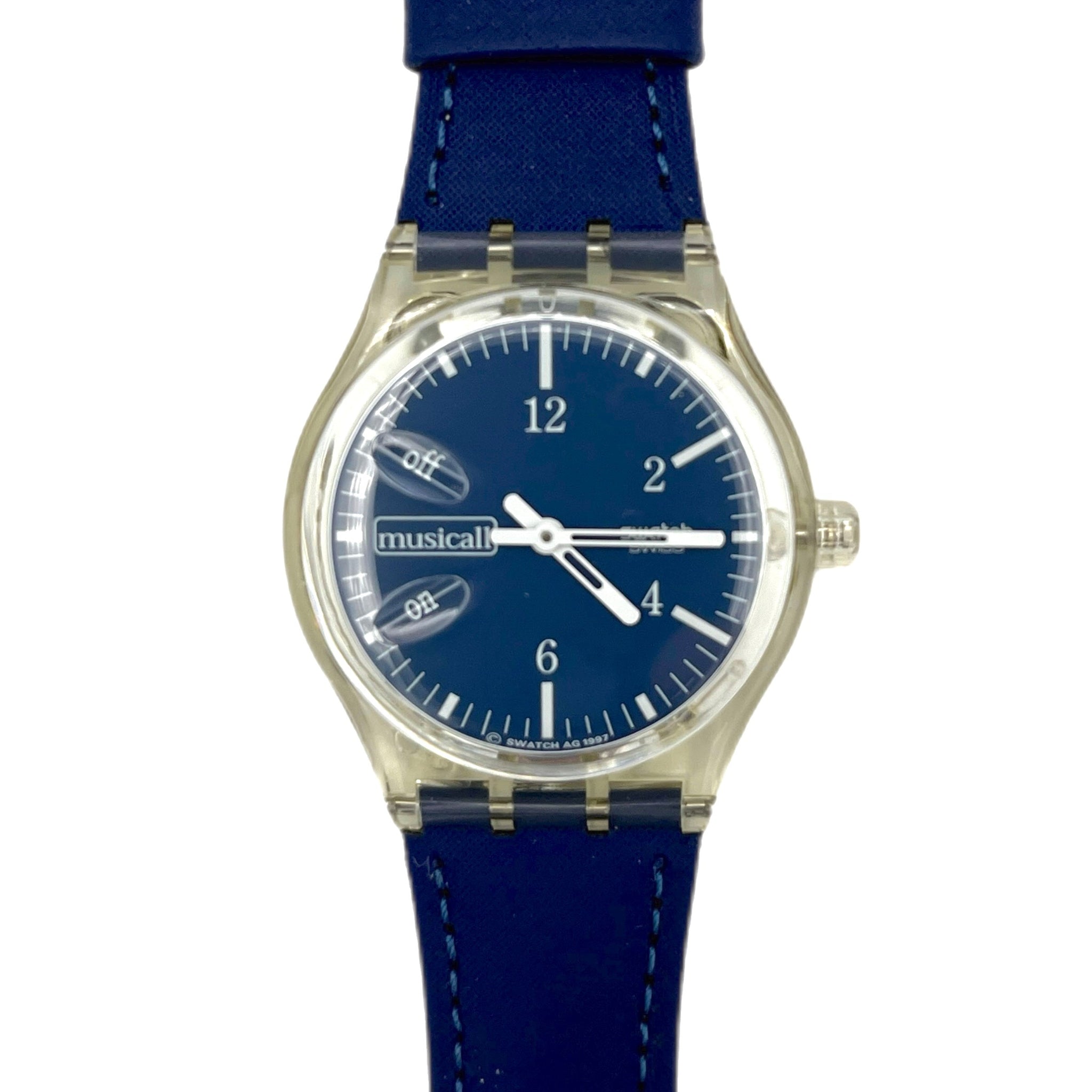 Wristwatch with blue strap and blue dial on a white background