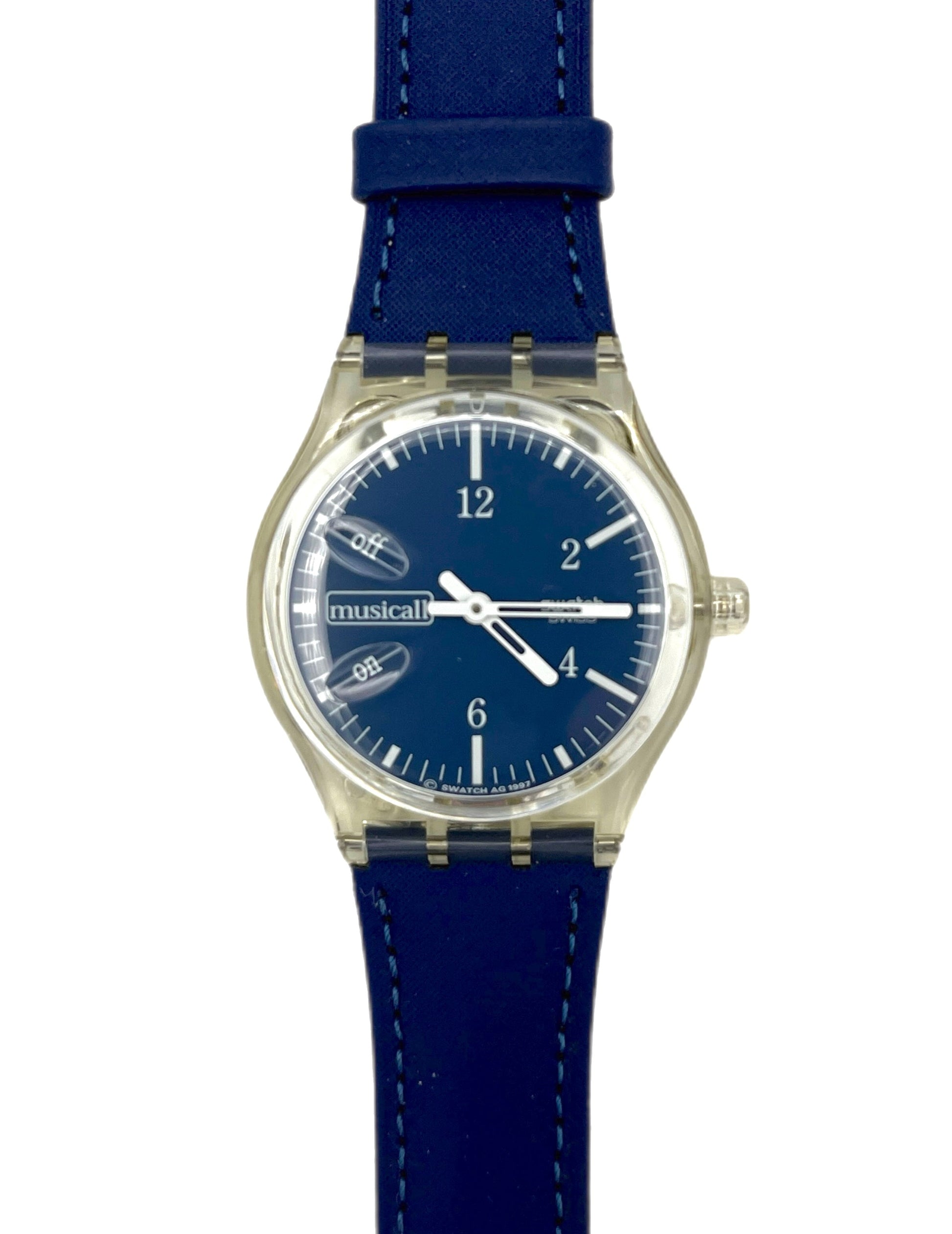 Wristwatch with blue strap and blue dial on a white background