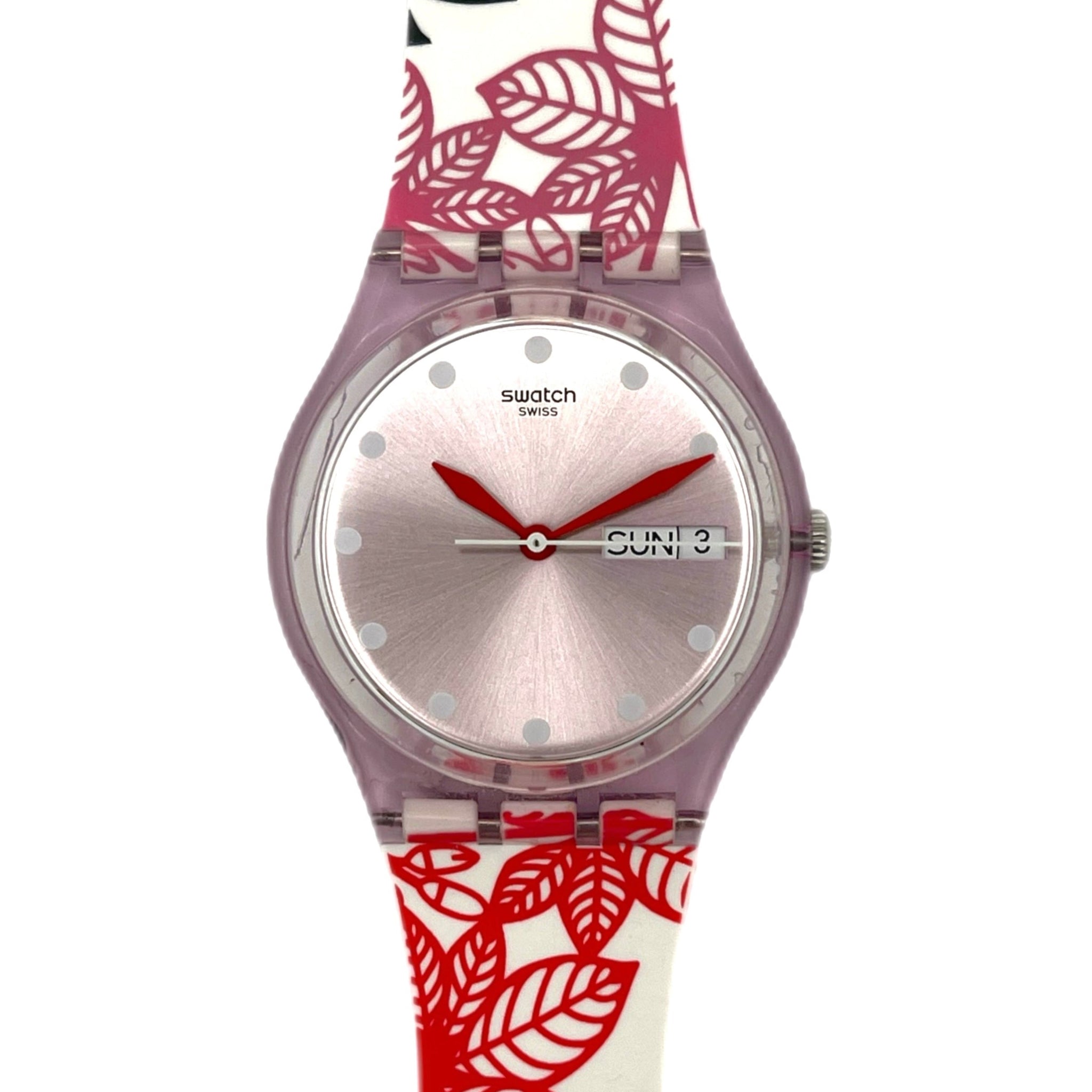 Swatch watch with colorful leaf-patterned strap. Summer leaves gp702