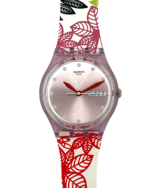 Swatch watch with colorful leaf-patterned strap. Summer leaves gp702