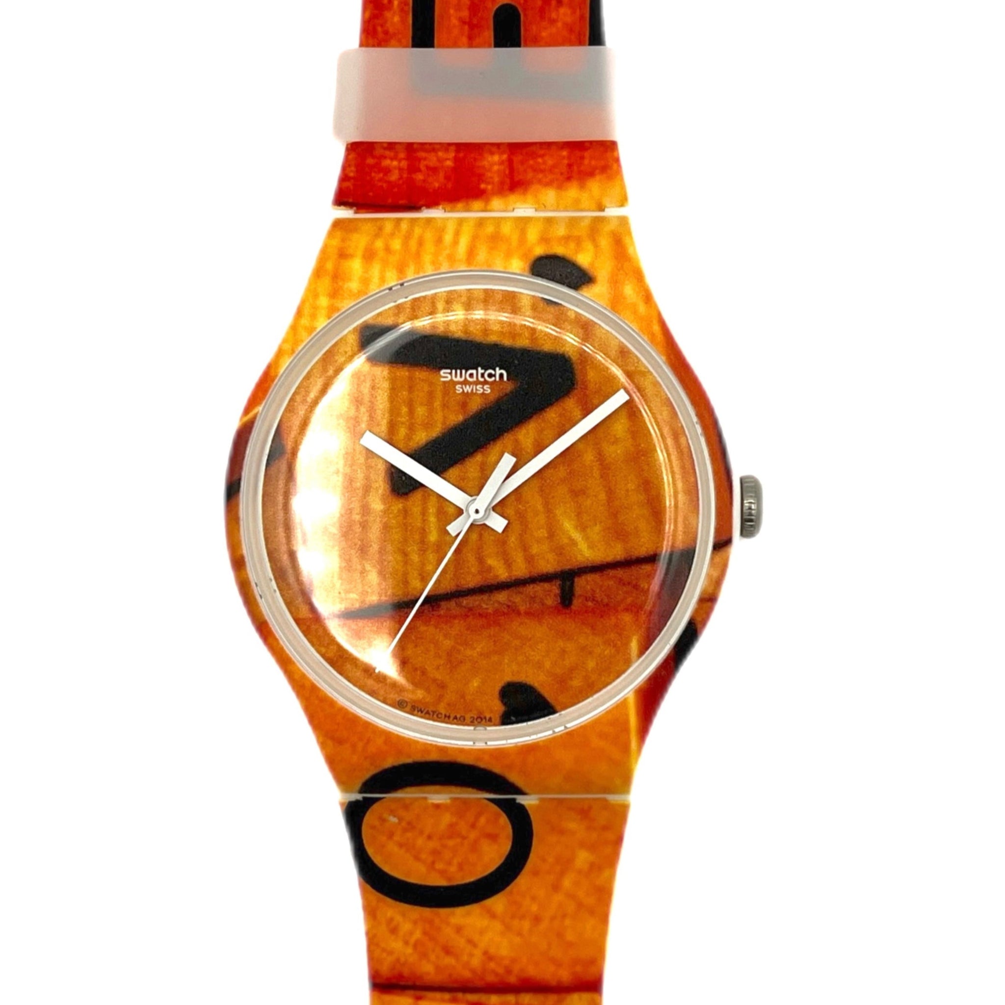 Wooden Swatch watch with black abstract design on a white background