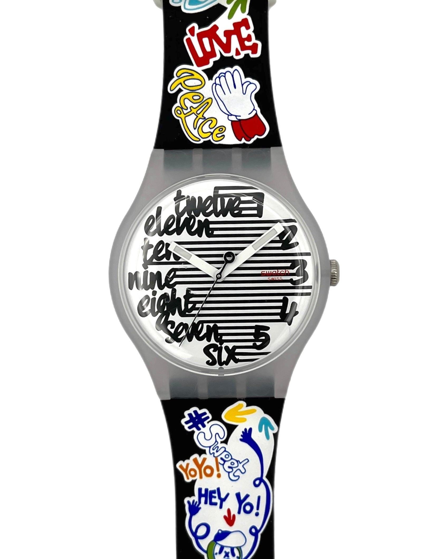 Watch with colorful designs on a black strap against a white background