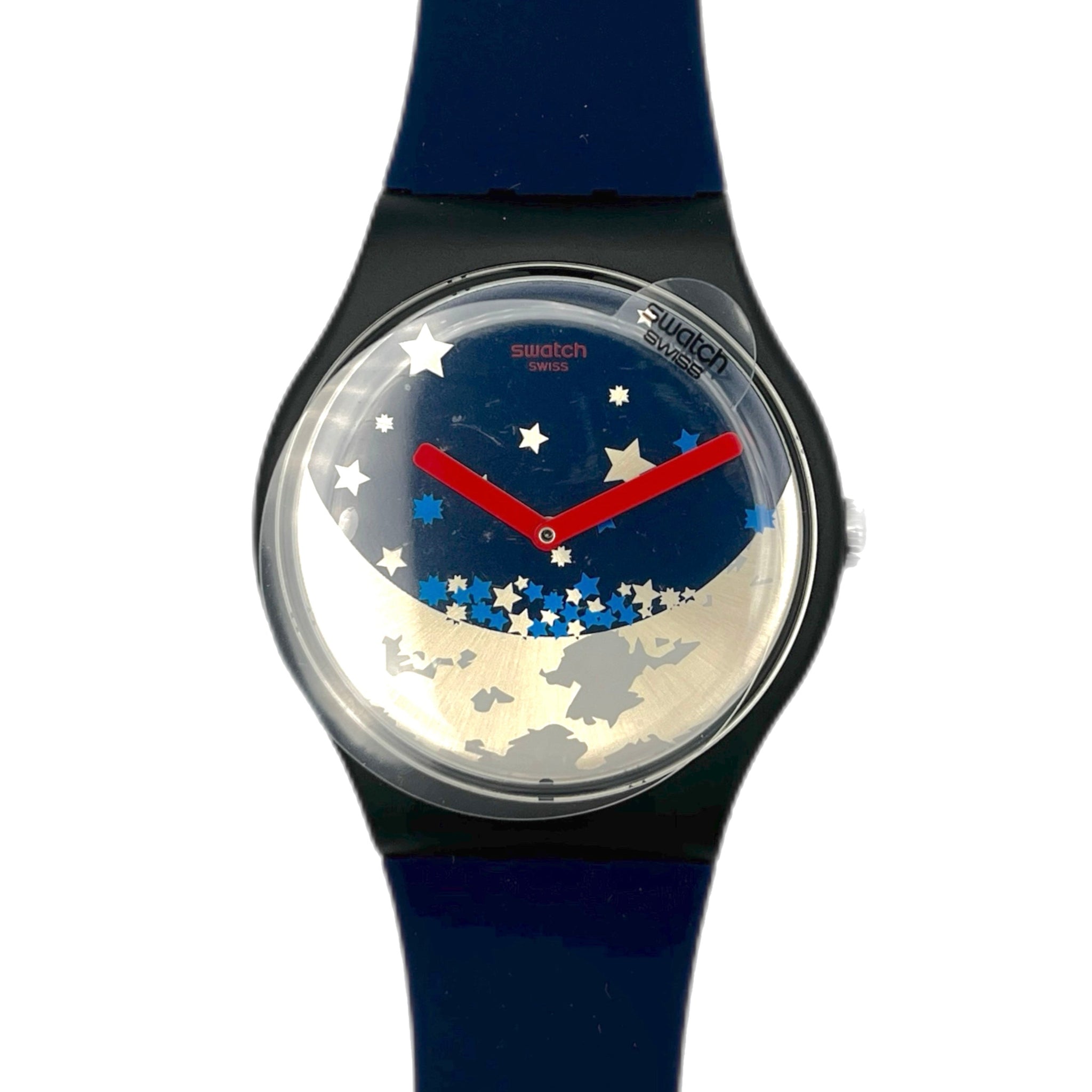 Wristwatch with a blue strap and a starry night design on the face, on a white background.