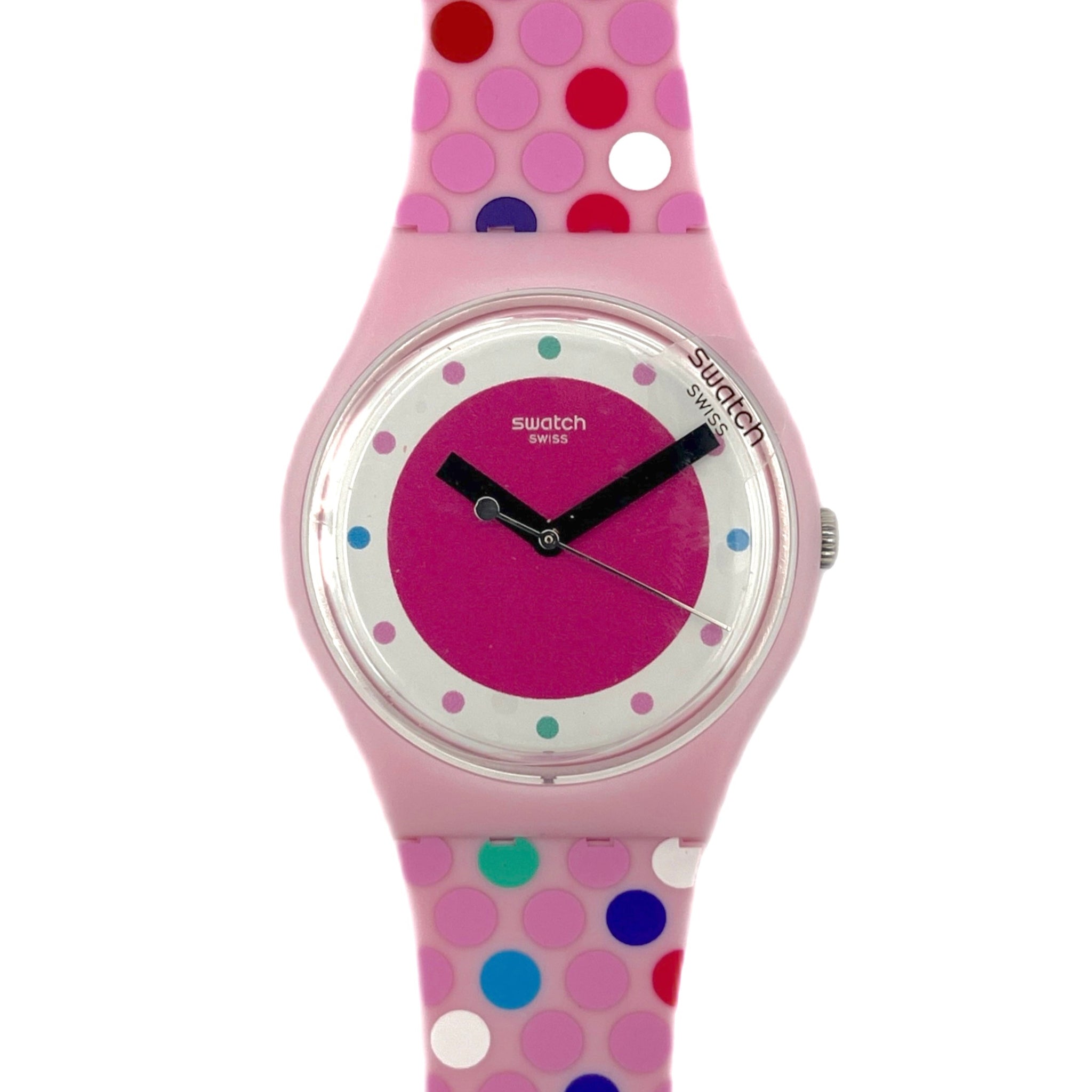 Swatch watch with a pink polka dot strap, model Blowing Bubbles SO28P109