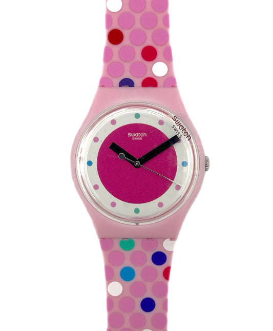 Swatch watch with a pink polka dot strap, model Blowing Bubbles SO28P109