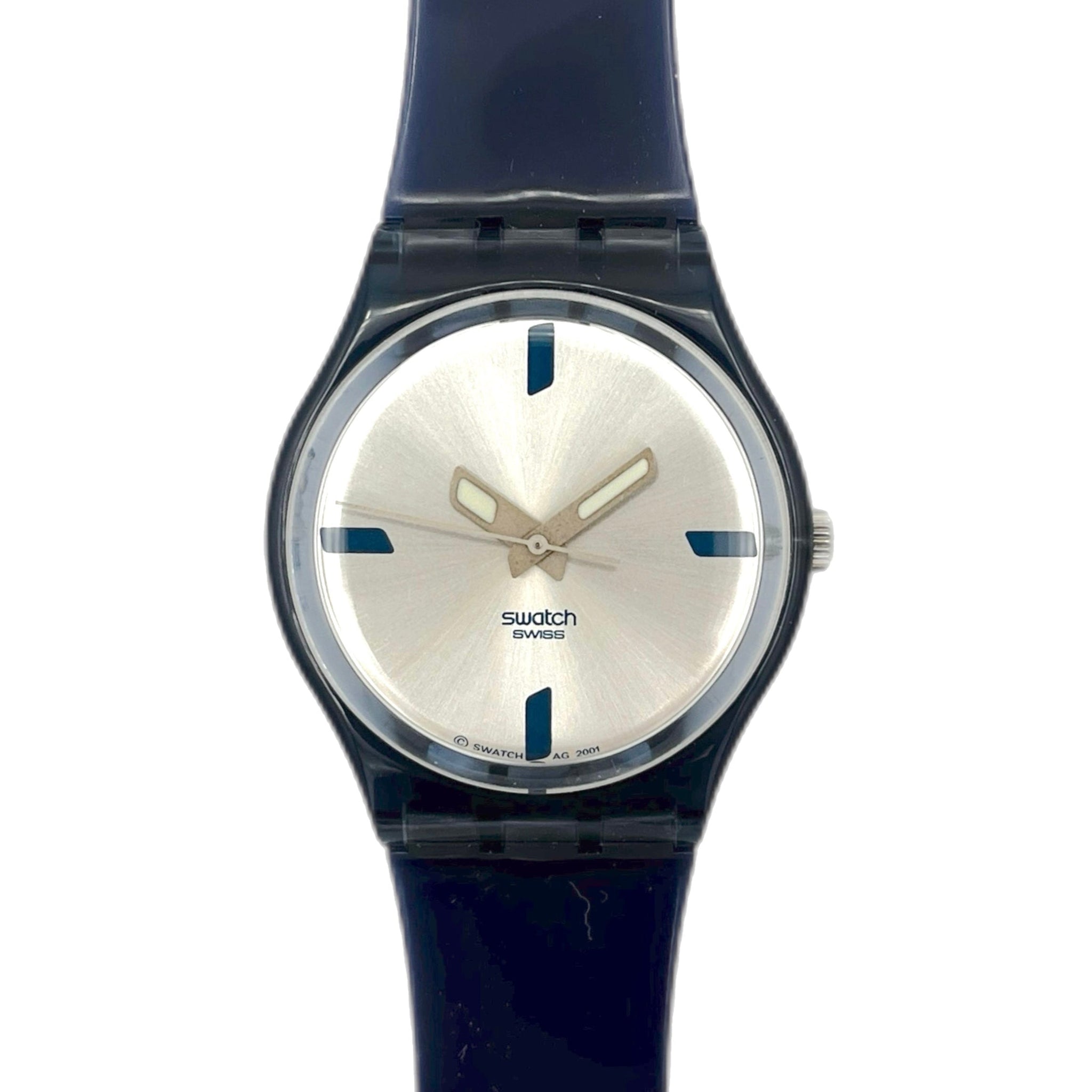 Swatch watch with a black strap and silver dial on a white background