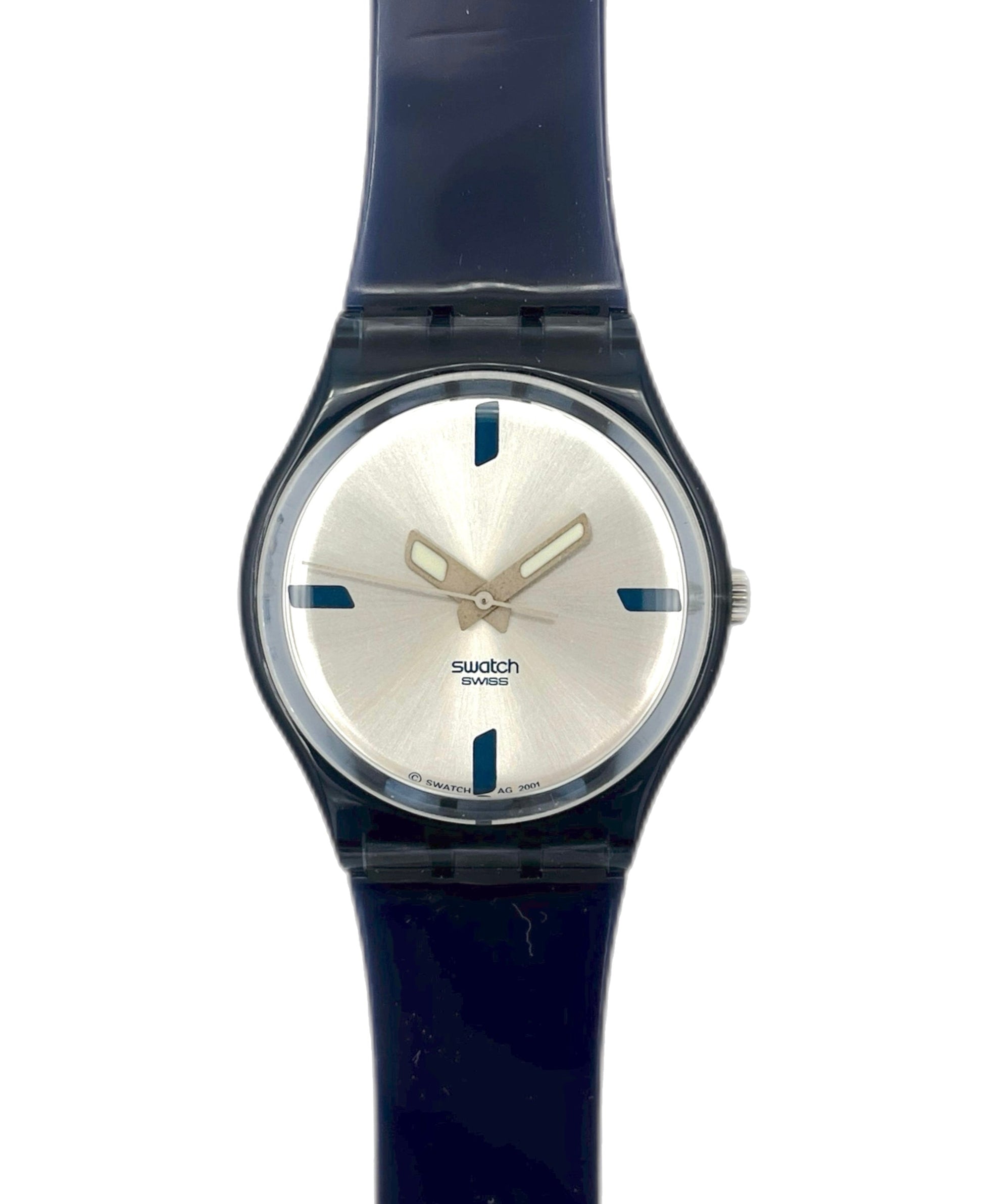 Swatch watch with a black strap and silver dial on a white background