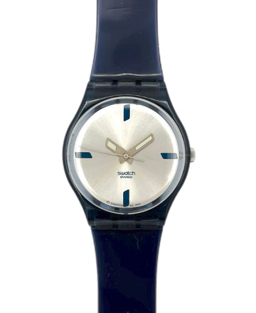 Swatch watch with a black strap and silver dial on a white background