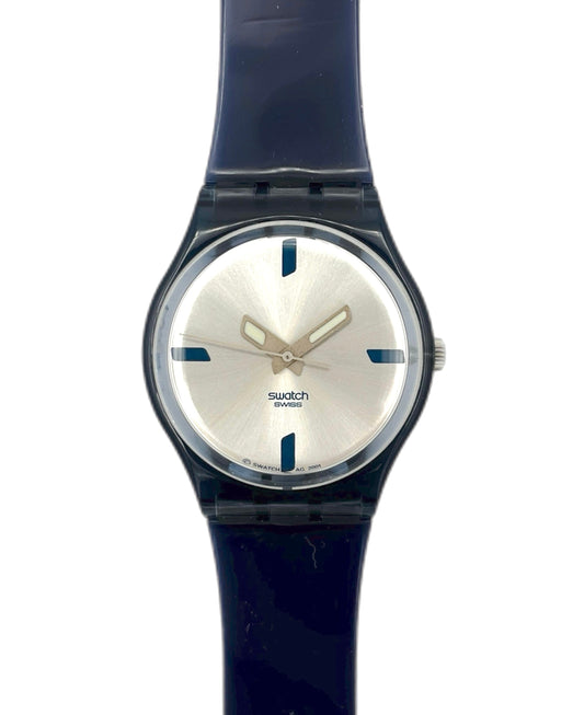 Swatch watch with a black strap and silver dial on a white background
