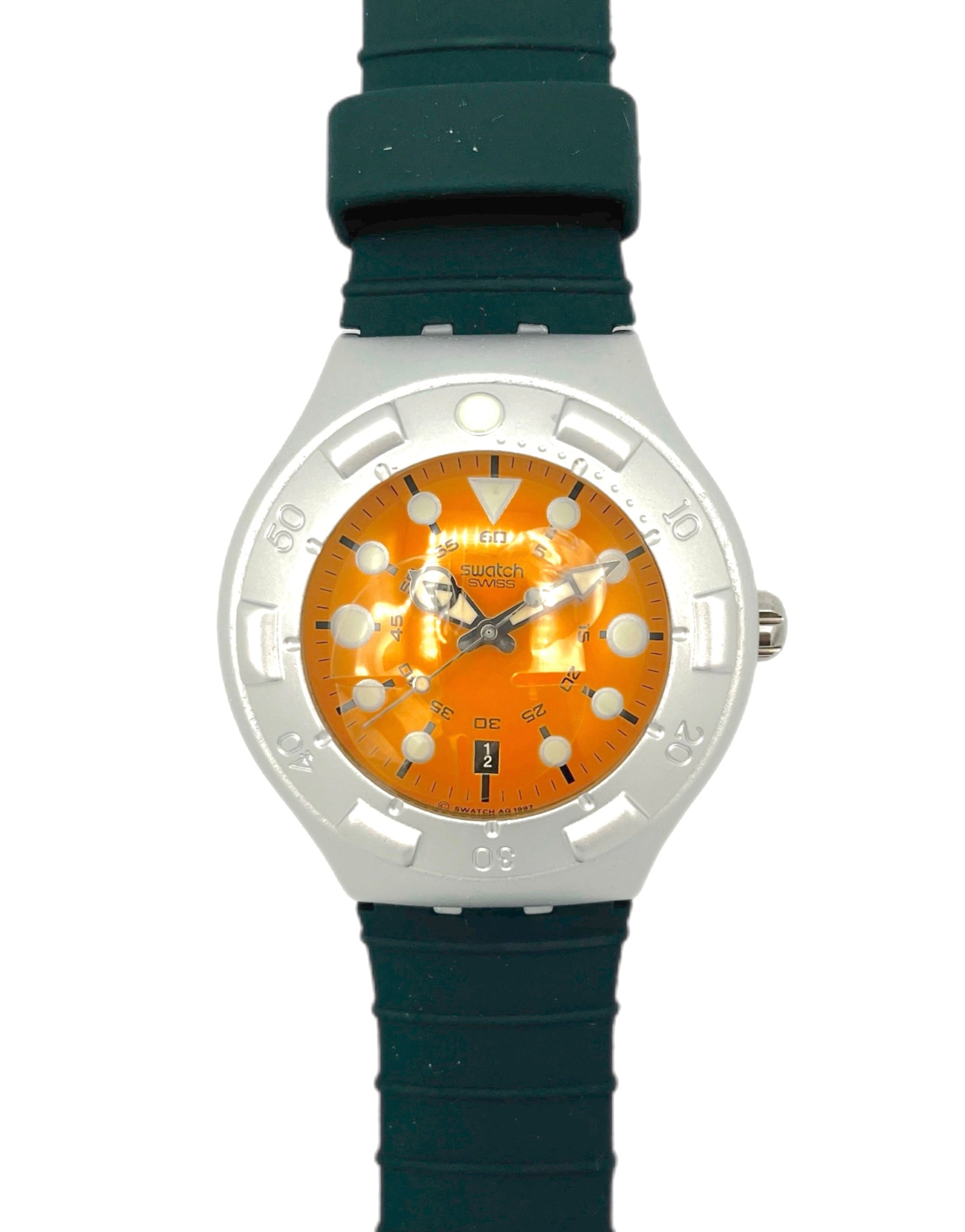 Dive Swatch Watch with orange face and green strap YDS4002 Swatch Scuba Irony