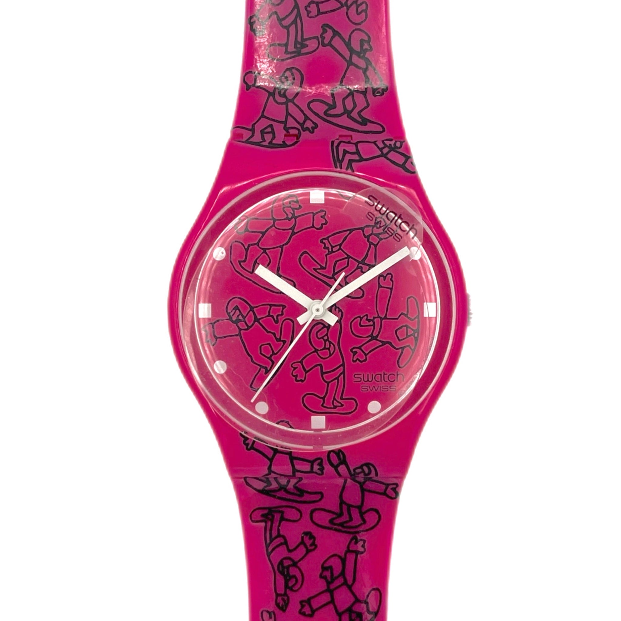 Pink watch with black character pattern on a white background