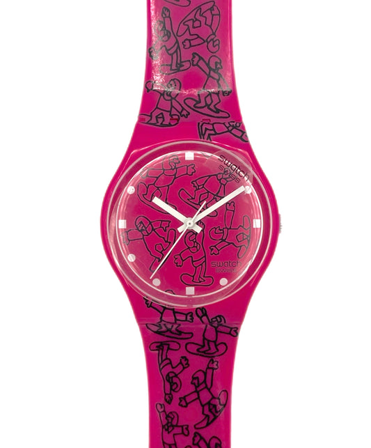 Pink watch with black character pattern on a white background