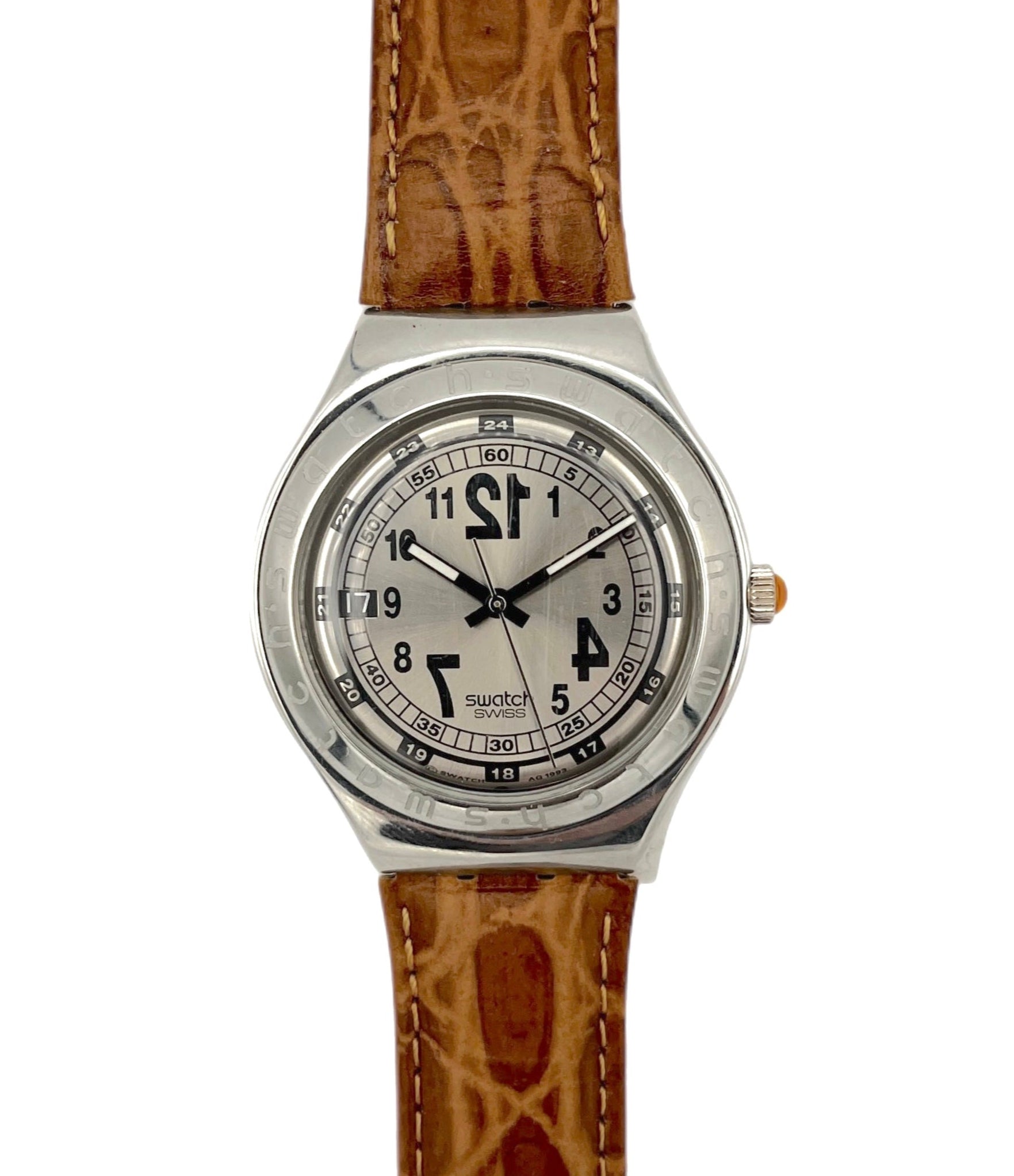 Swatch Watch with brown strap and silver case from 1994 from the Irony Big series
