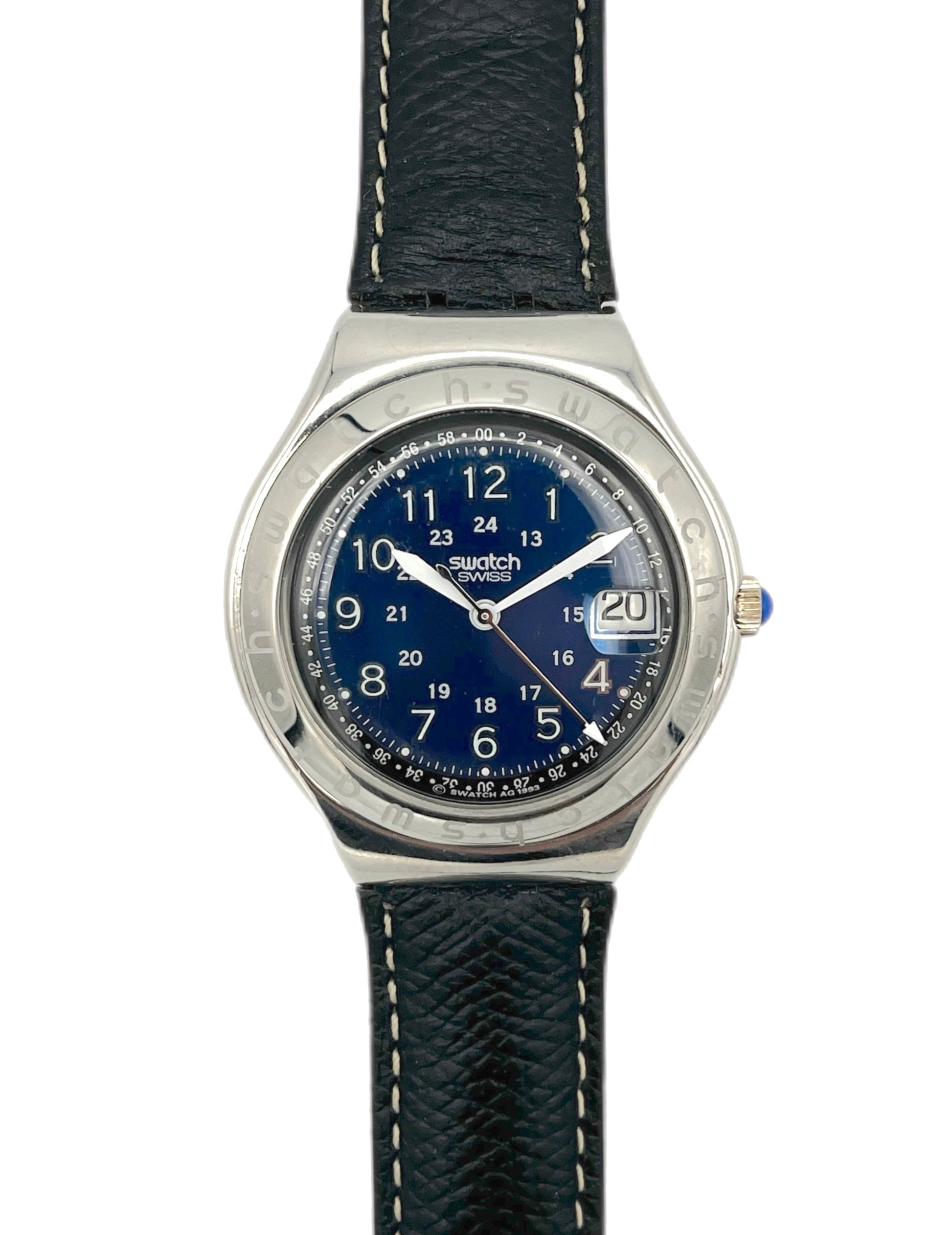 Swatch watch with blue dial and black strap on a white background