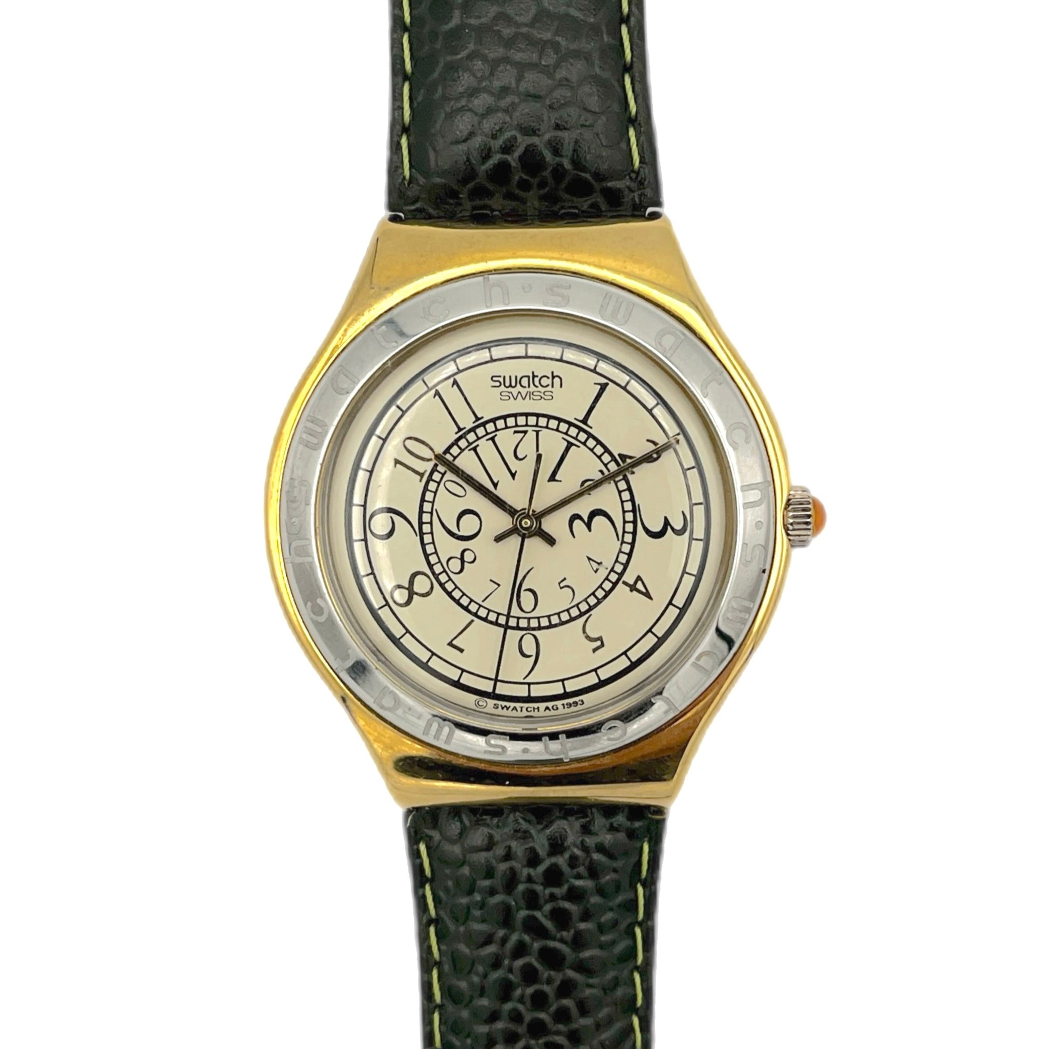 Swatch watch with dark green  leather strap and gold case from the Iroby Big series
