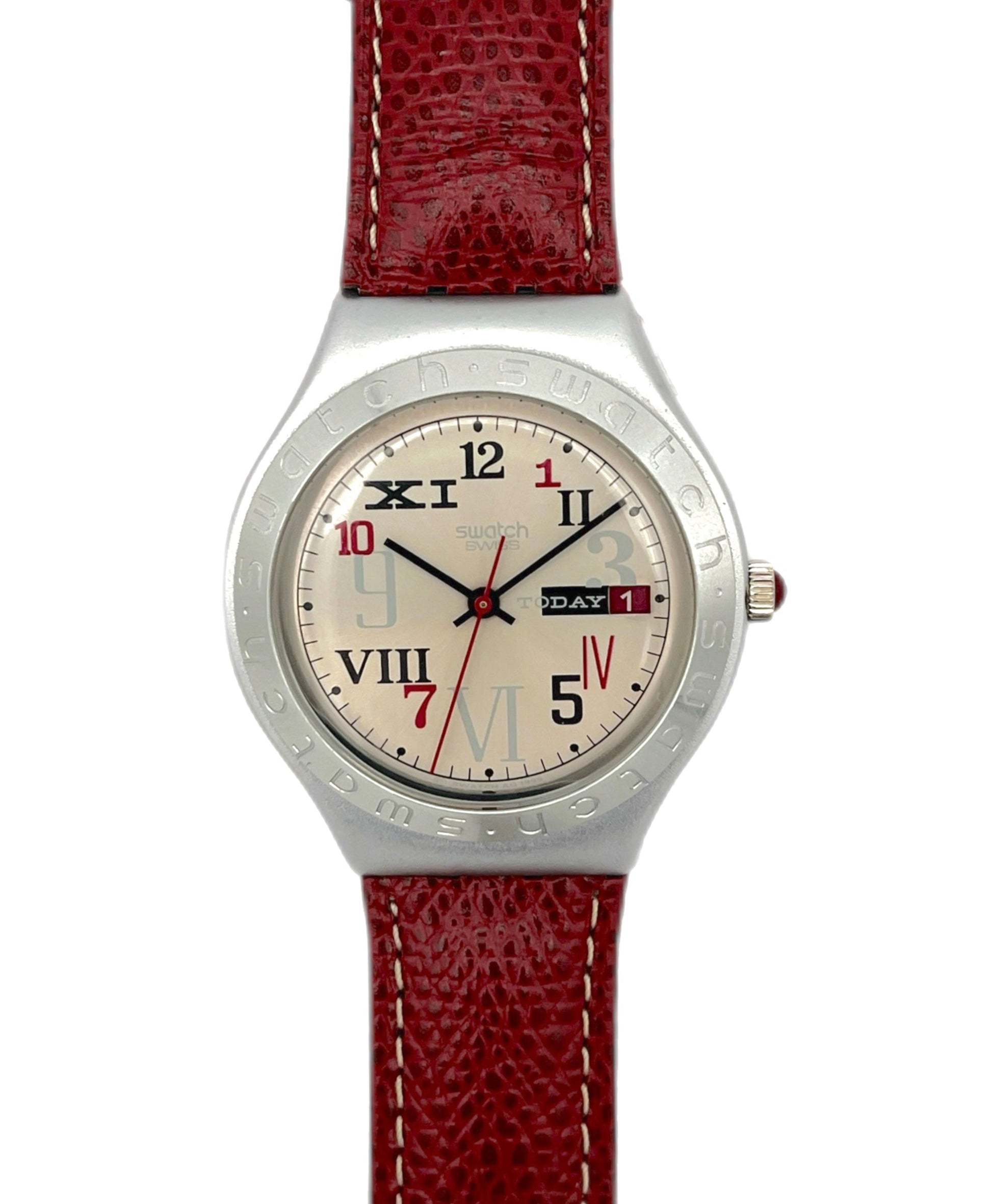 Swatch Irony Big Watch with red leather strap and creme face called Promenade YGS4000