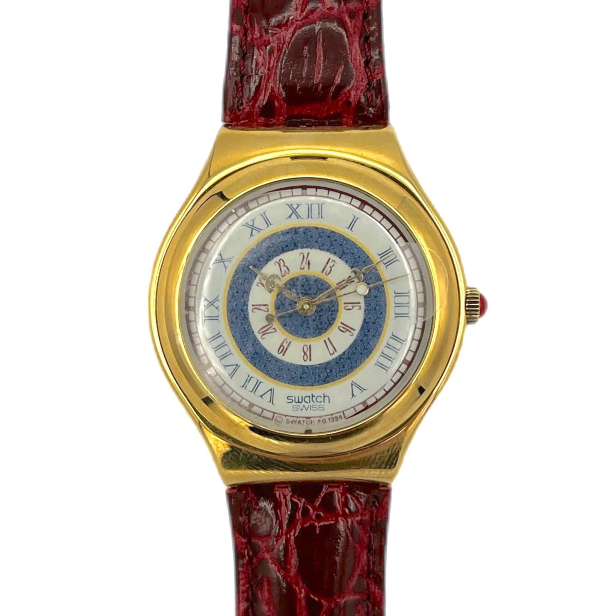 Gold watch with a red strap on a white background