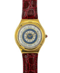 Gold watch with a red strap on a white background