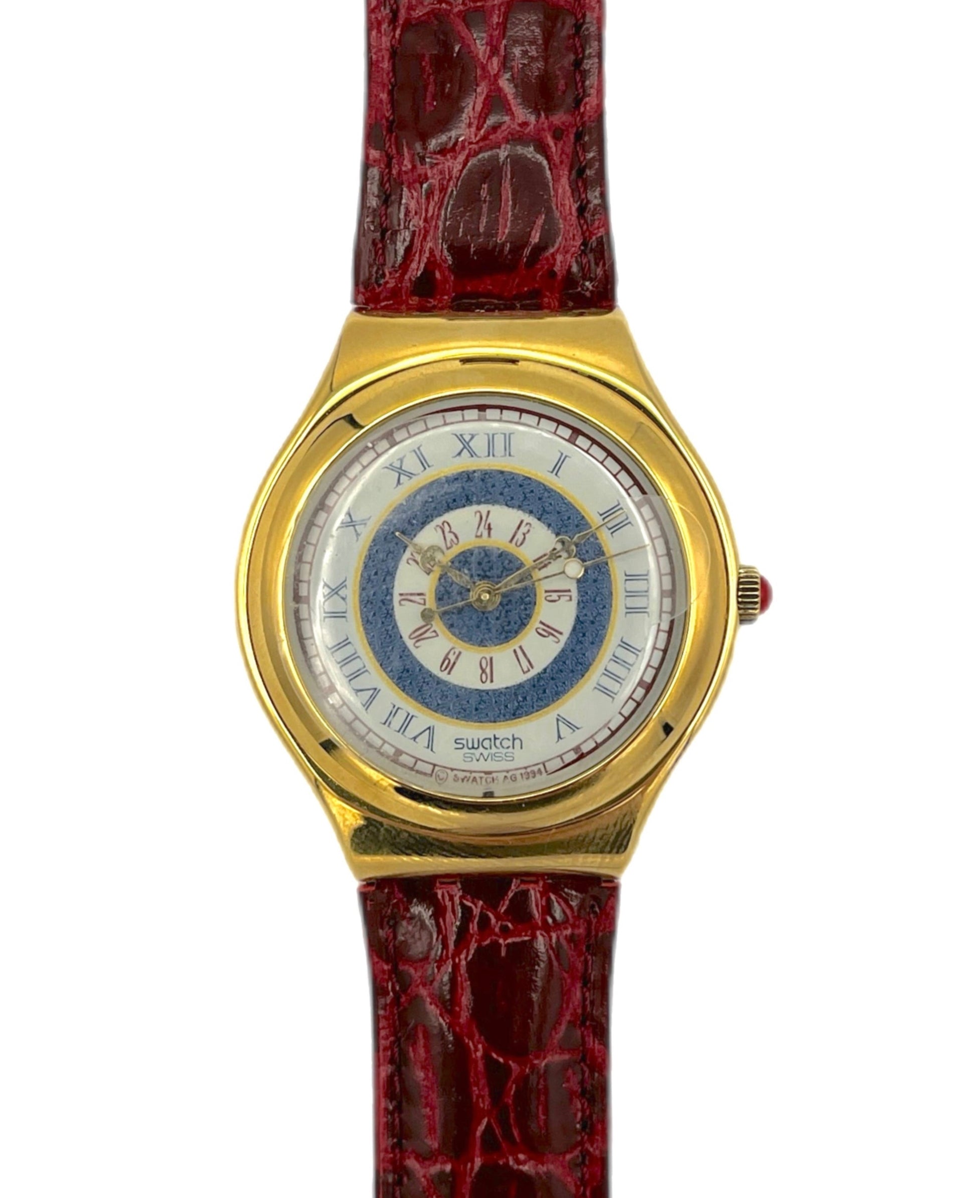 Gold watch with a red strap on a white background
