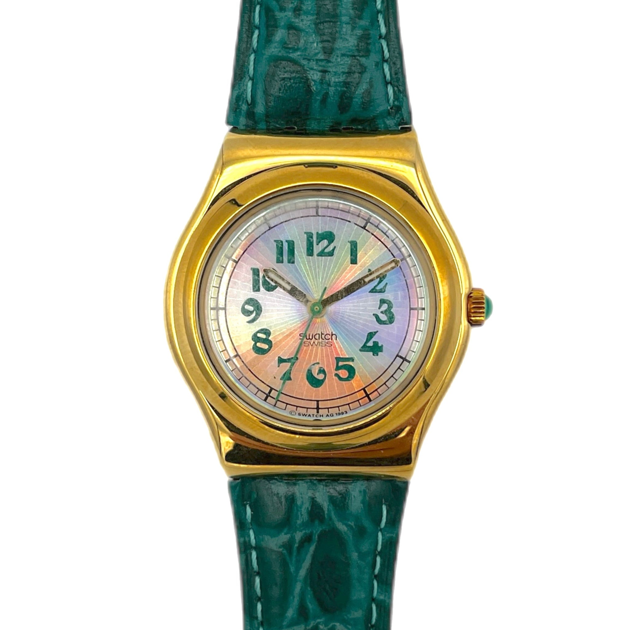 Wristwatch with gold case and green strap on a white background