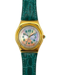 Wristwatch with gold case and green strap on a white background