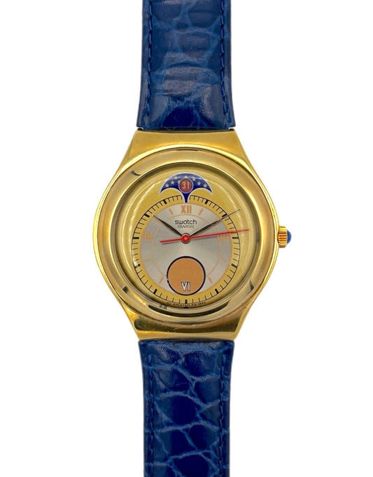 Gold watch with a blue strap on a white background