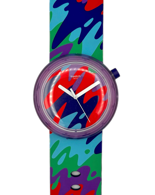 Colorful watch with a multicolored strap on a white background