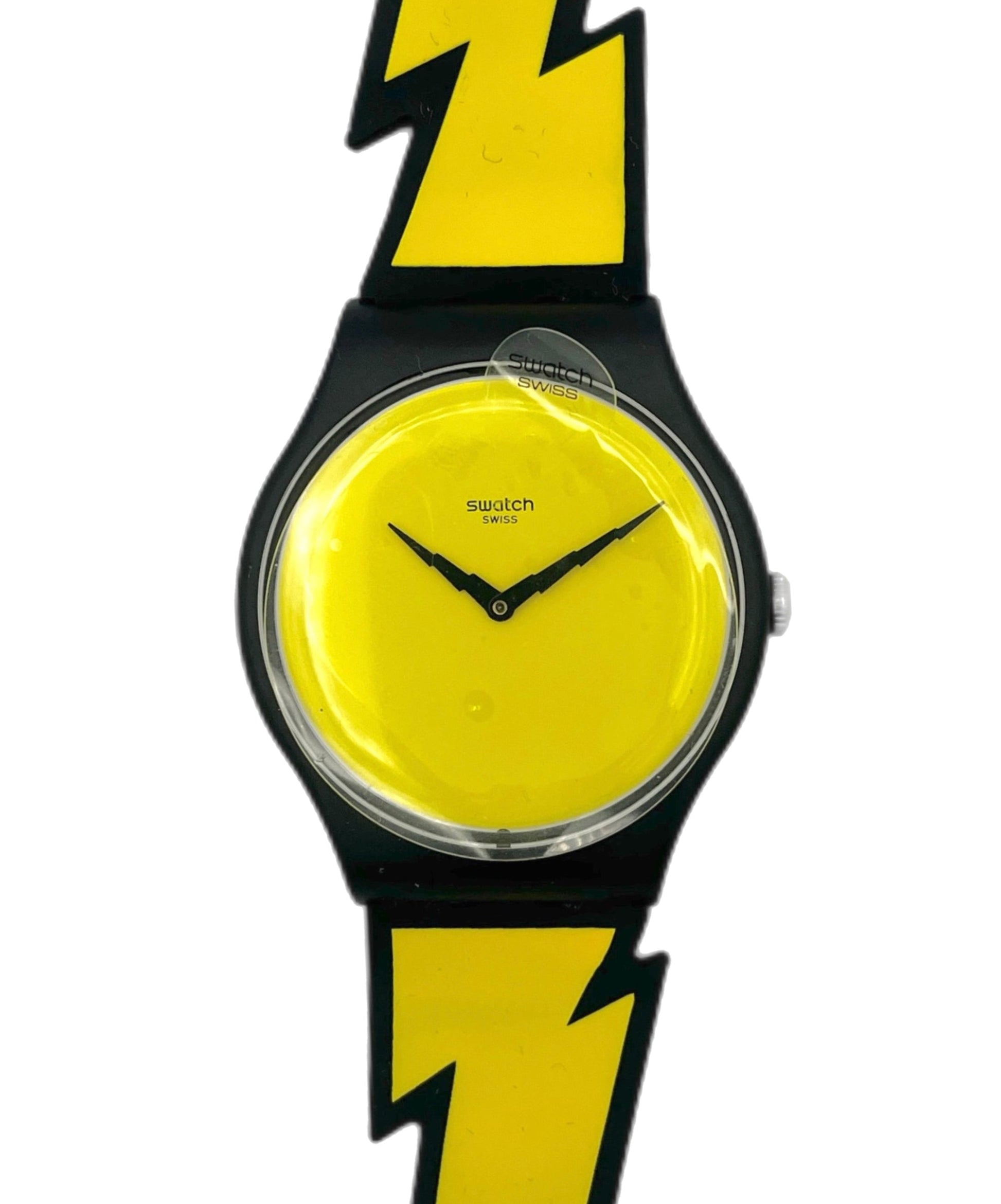Wristwatch with yellow face and black lightning bolt design on a white background