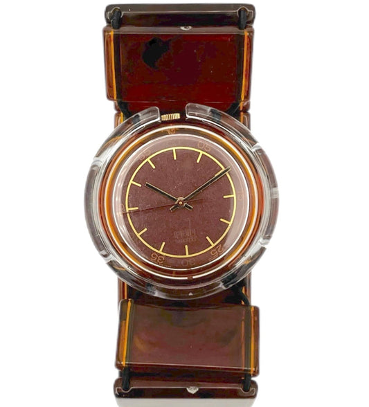 Vintage wristwatch with brown face and band on a white background