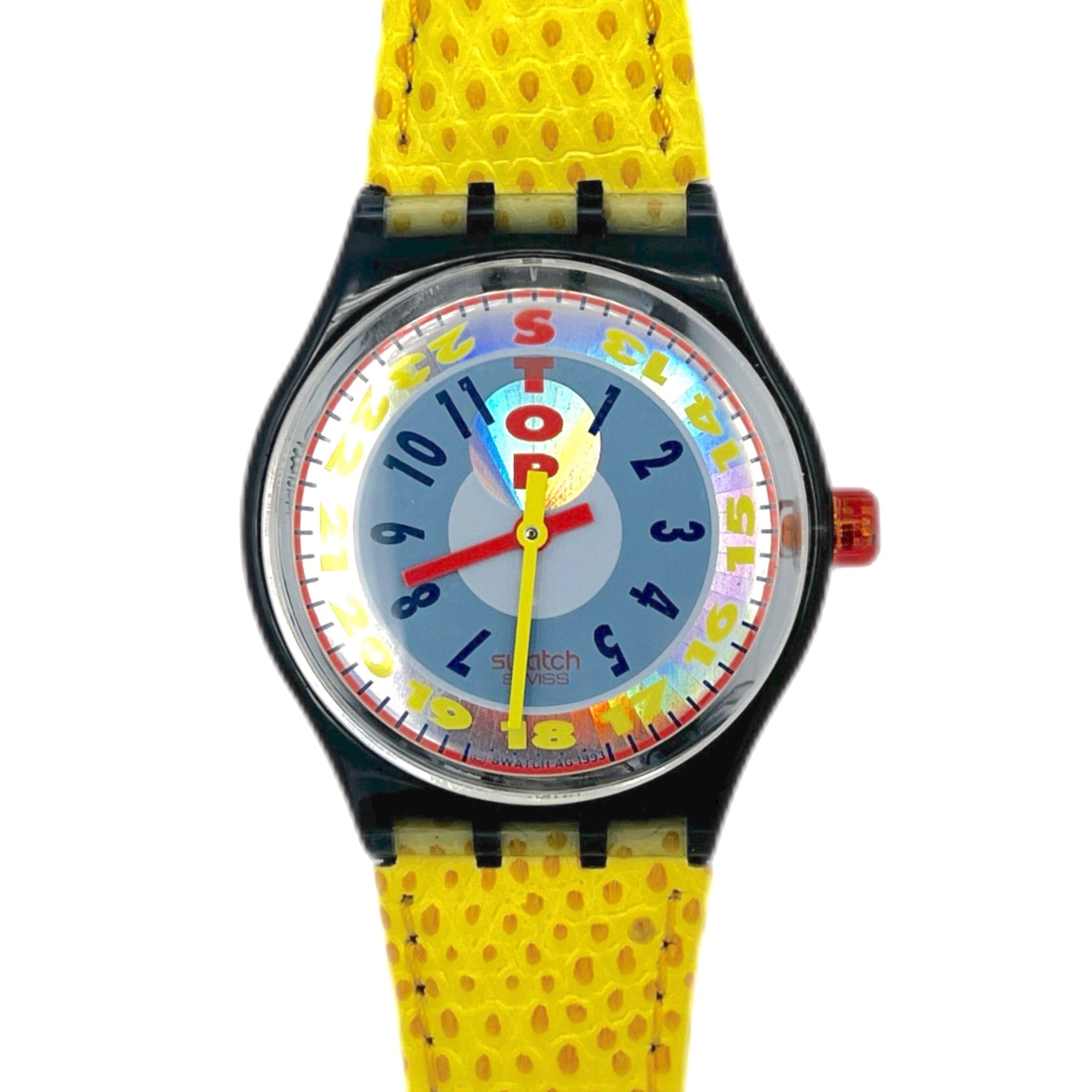 Colorful Swatch stop watch with a yellow leather trap