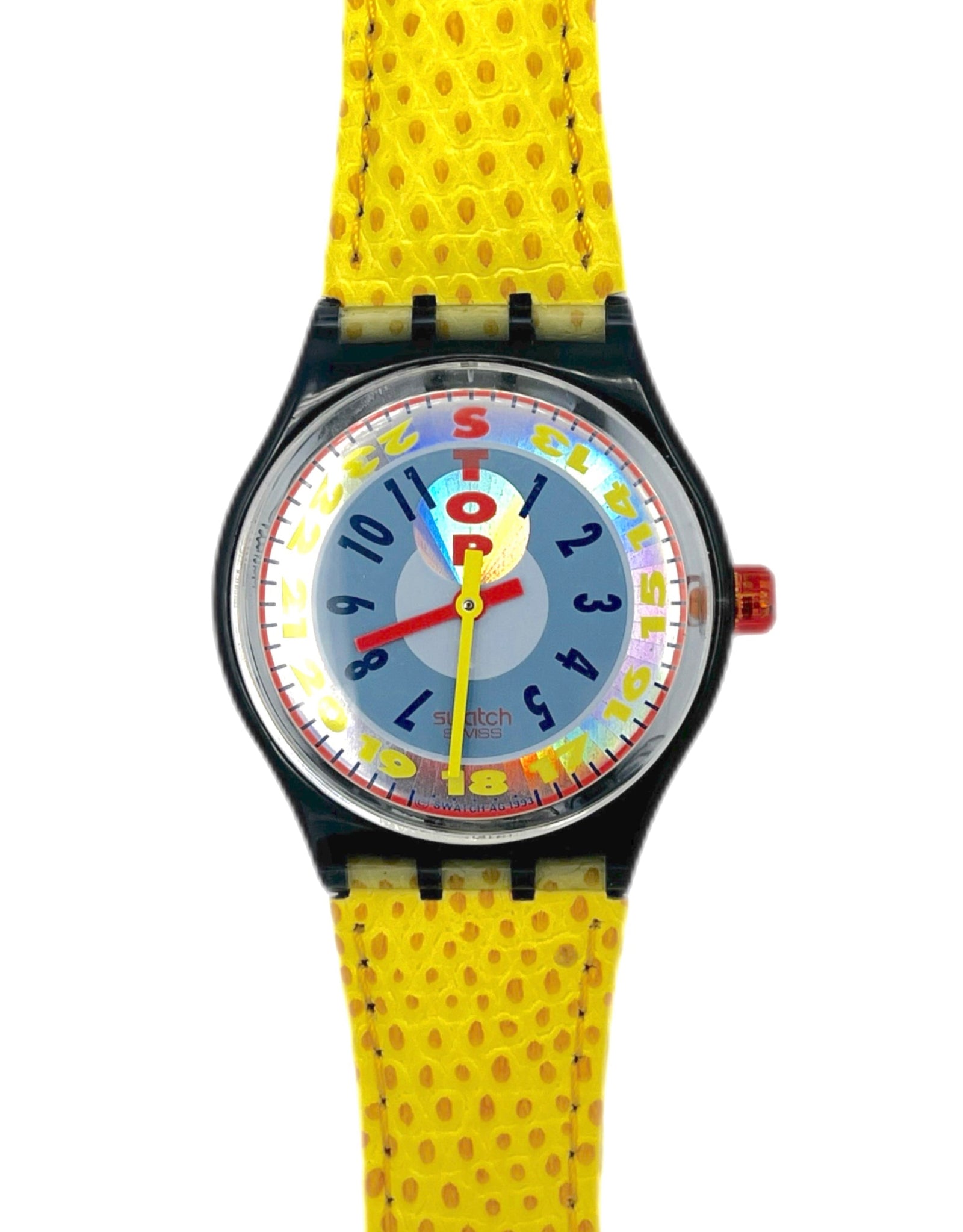 Colorful Swatch stop watch with a yellow leather trap