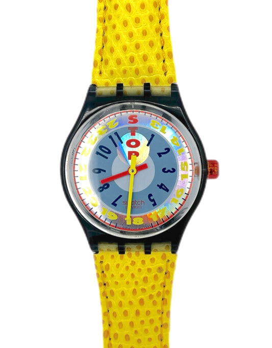 Colorful Swatch stop watch with a yellow leather trap