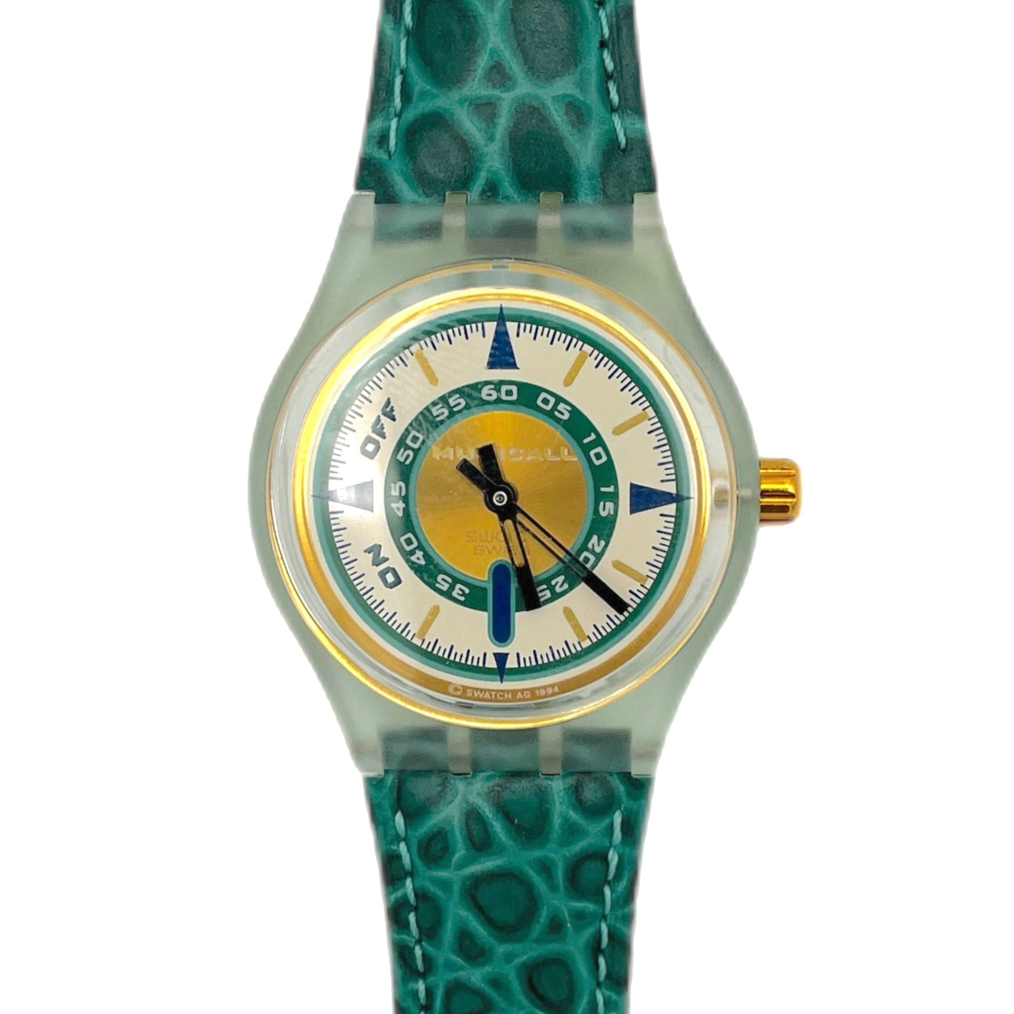 Watch with green crocodile-patterned strap on a white background