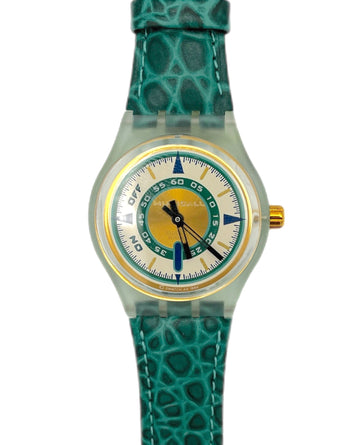 Watch with green crocodile-patterned strap on a white background