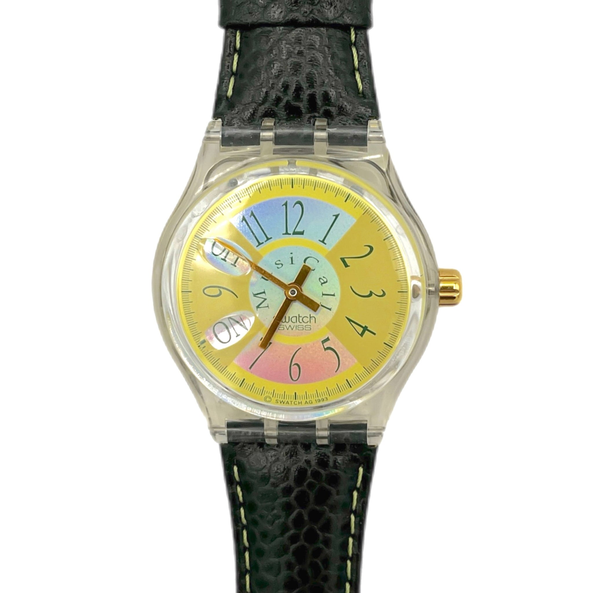 Watch with a colorful face and black strap on a white background