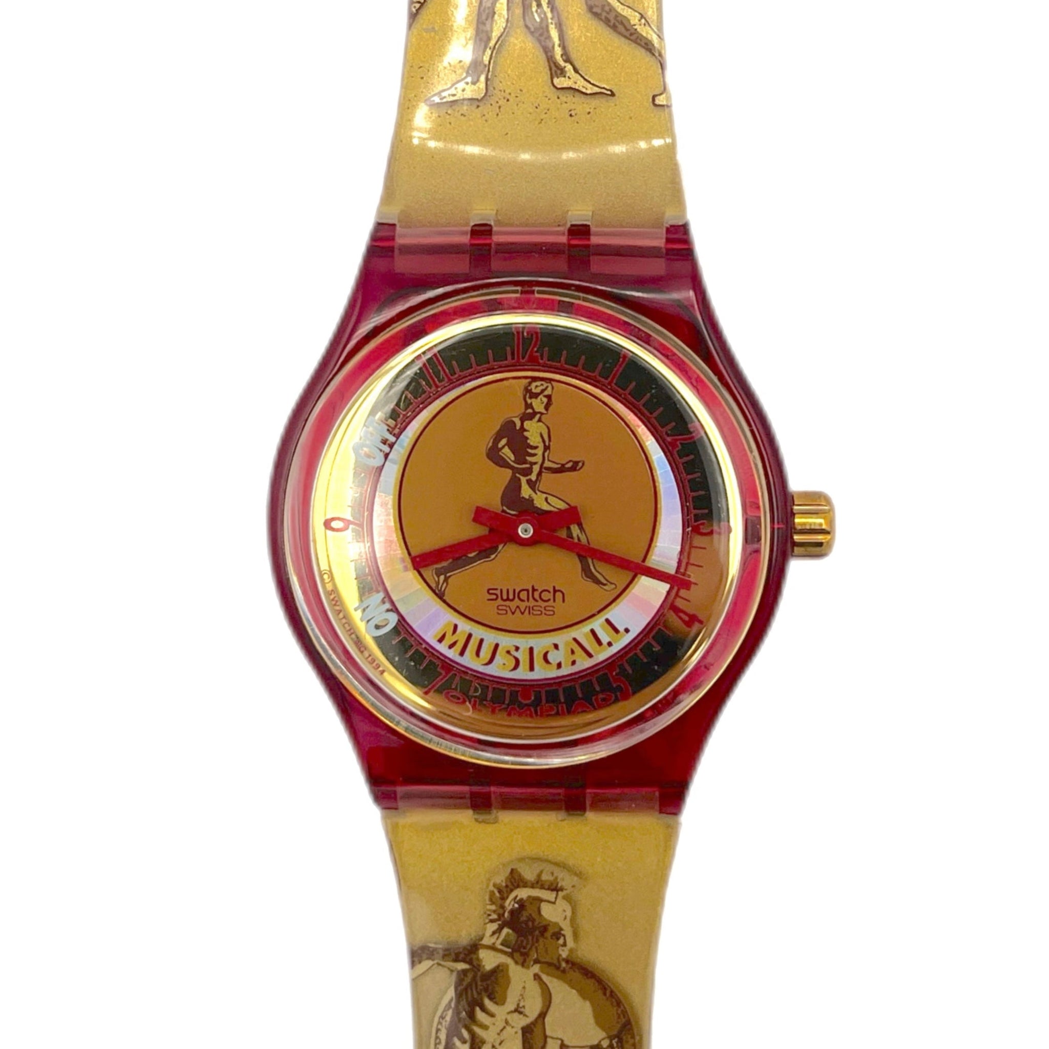 Swatch watch with musical design an Greek athletes in running position 