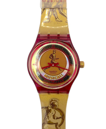 Swatch watch with musical design an Greek athletes in running position 