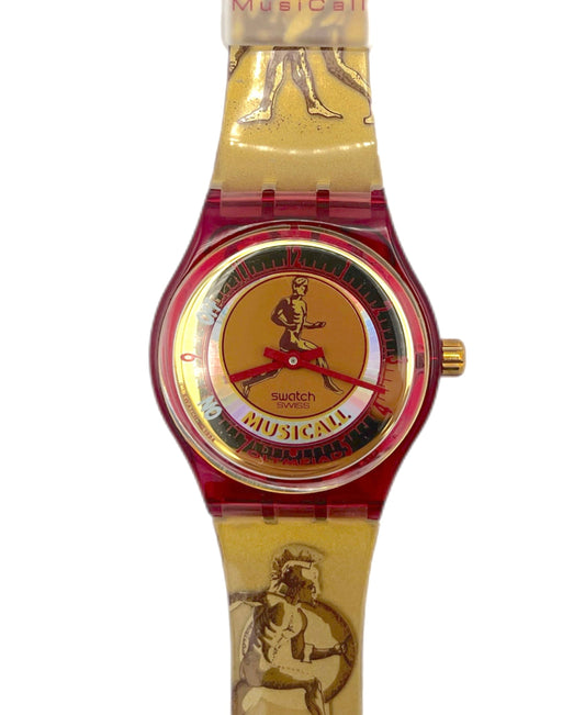 Swatch watch with musical design an Greek athletes in running position 
