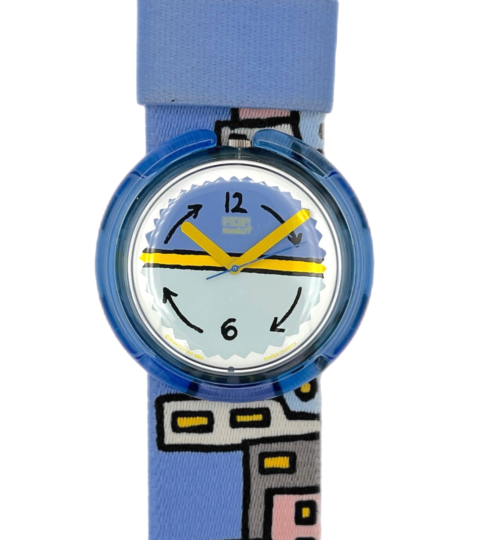 Children's watch with a blue strap and colorful face on a white background