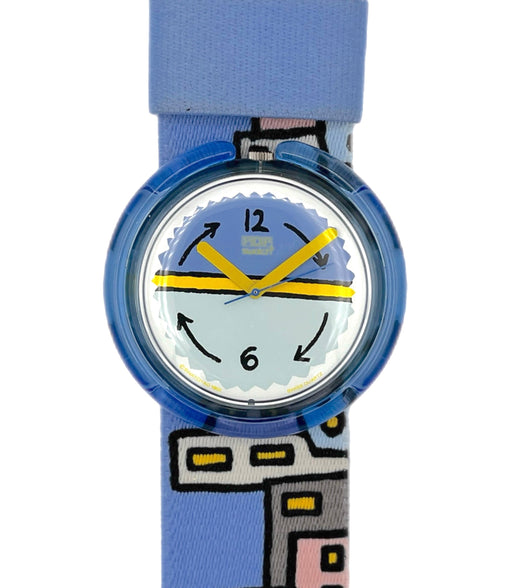 Children's watch with a blue strap and colorful face on a white background