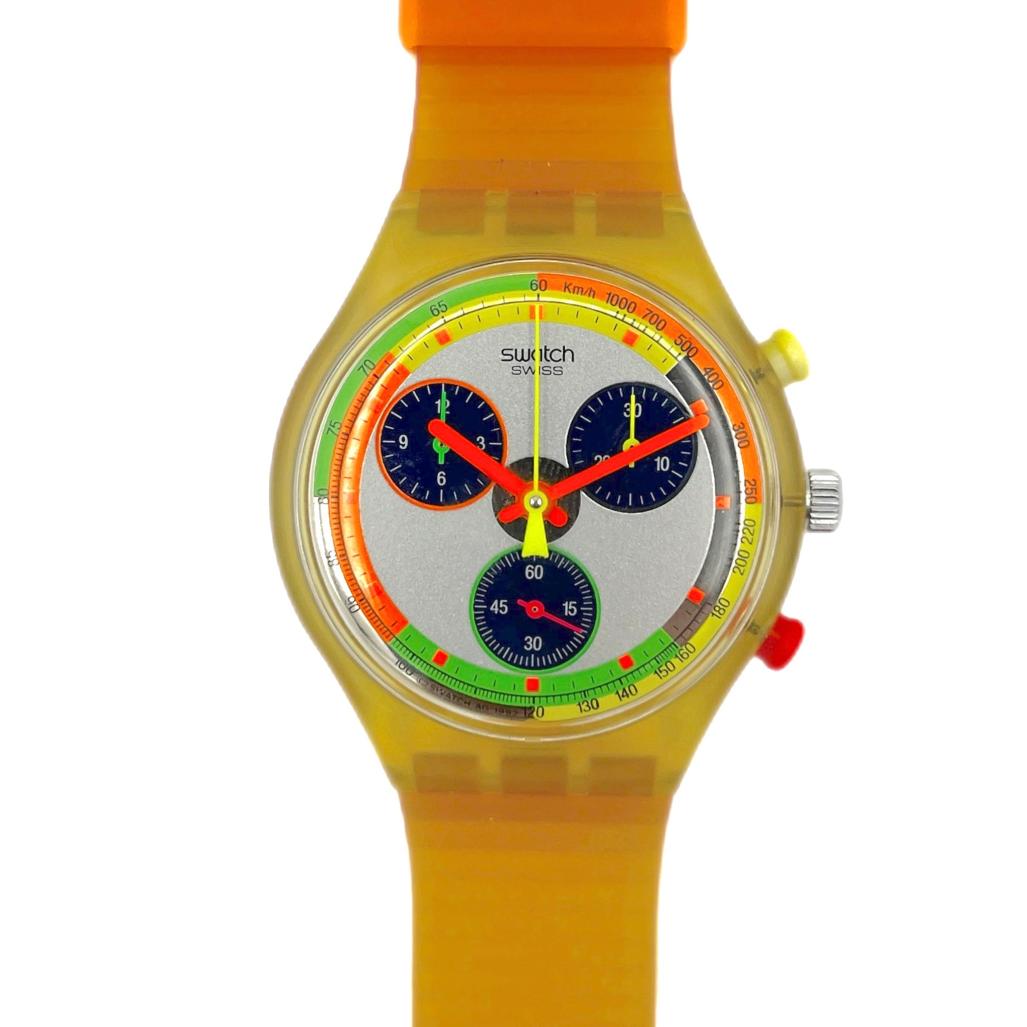 Colorful Swatch watch with a multicolored strap on a white background