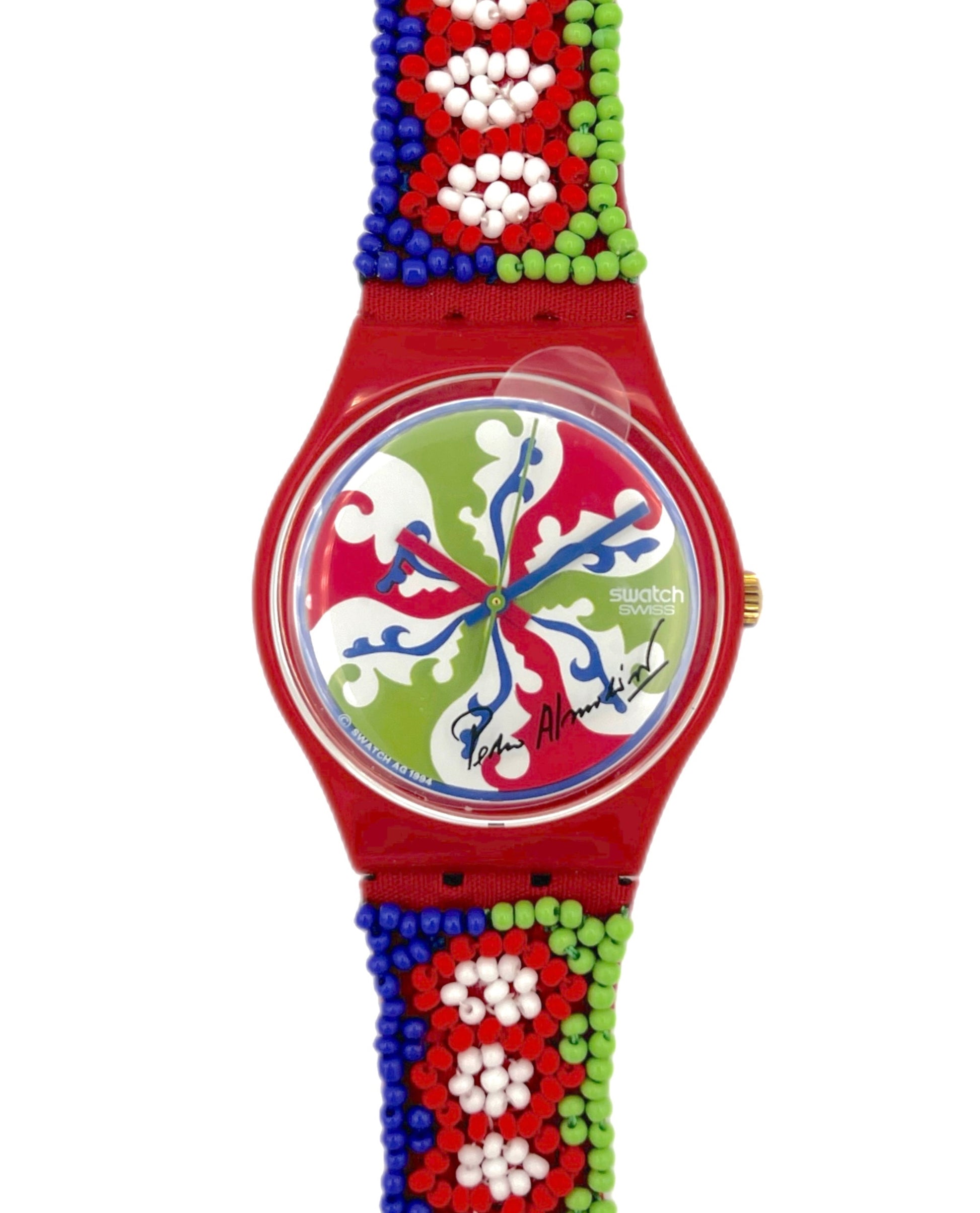 Colorful watch with a red strap featuring bead patterns on a white background